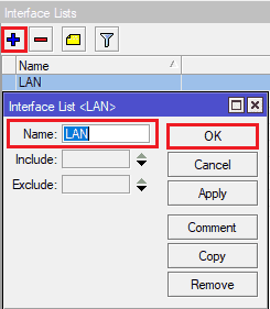Настройка MikroTik, создать интерфейс список LAN